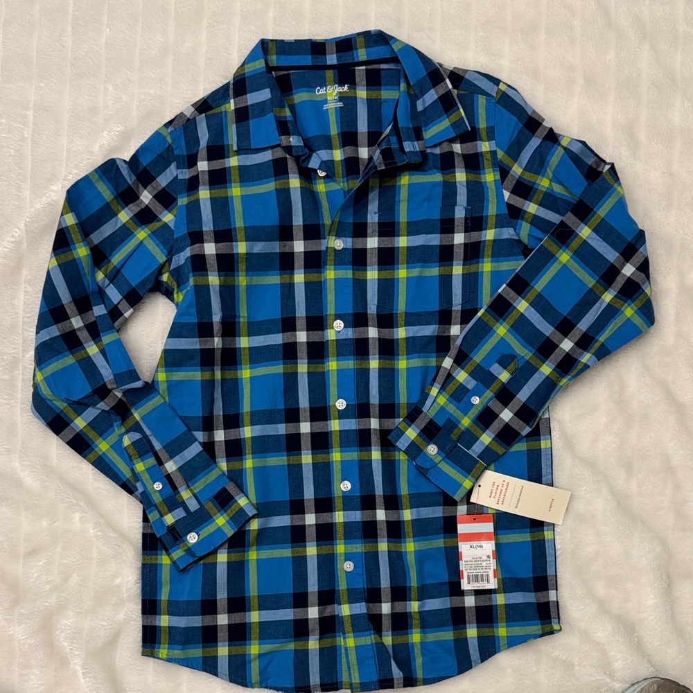 Boys size Xl Cat and Jack Vibrant Plaid Shirt in Blue and Green